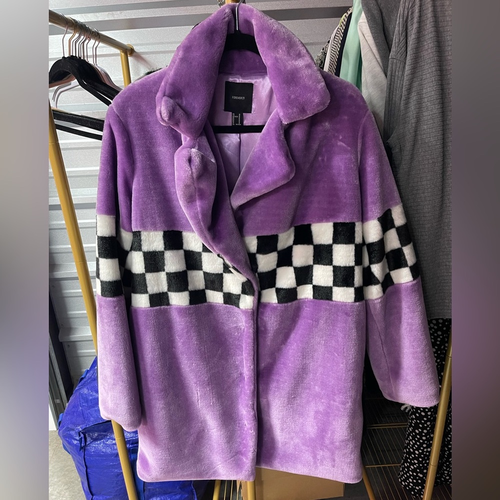 Purple Faux Fur Checkboard Coat